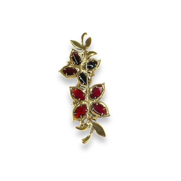 Monet Gold Tone Red Crystal Flower Leaves Brooch Vintage 3 3/4” x 1 1/2” - Picture 6 of 9